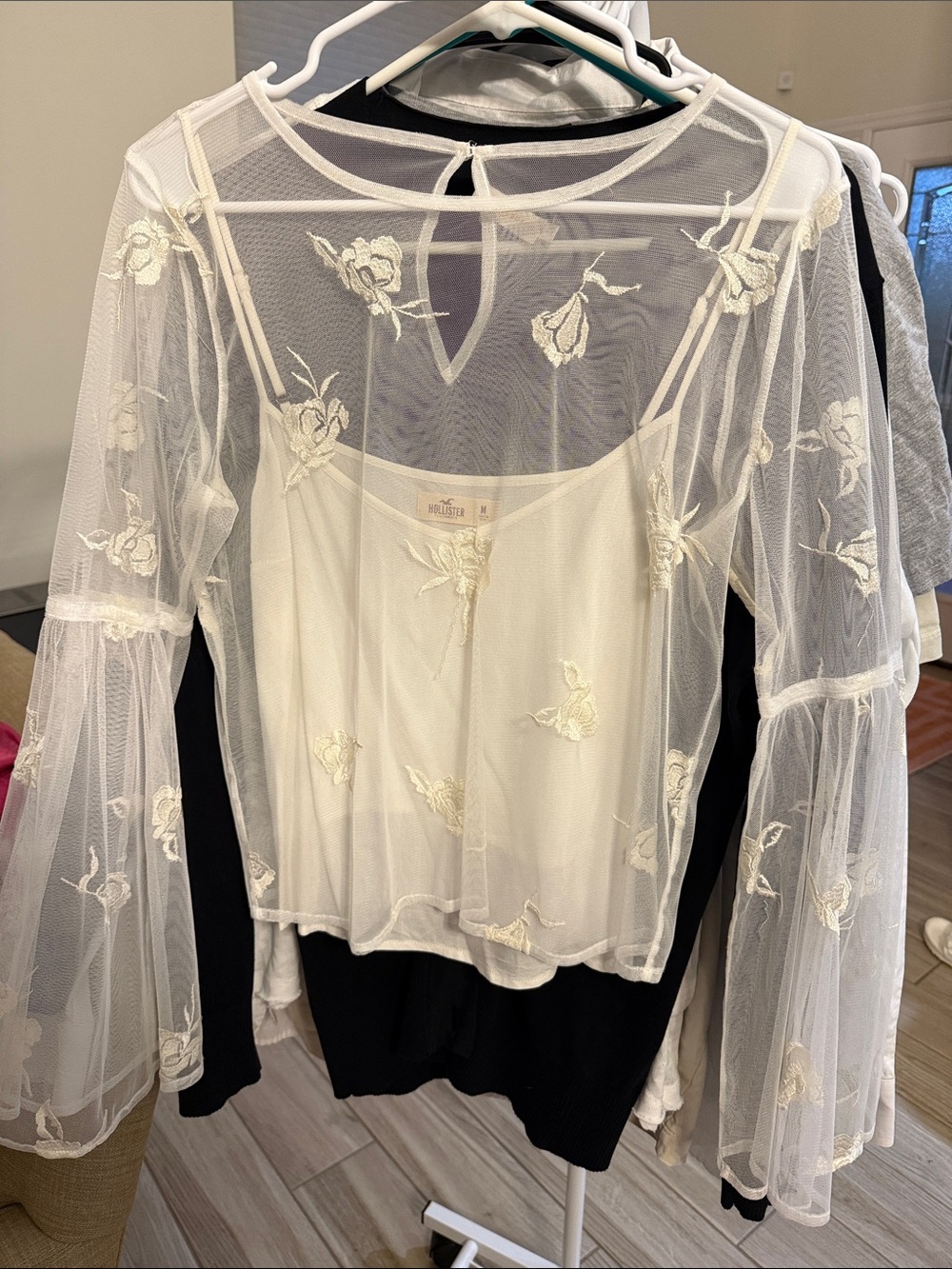 Hollister Sheer Embroidered Long-Sleeve Overlay Tank Top - White